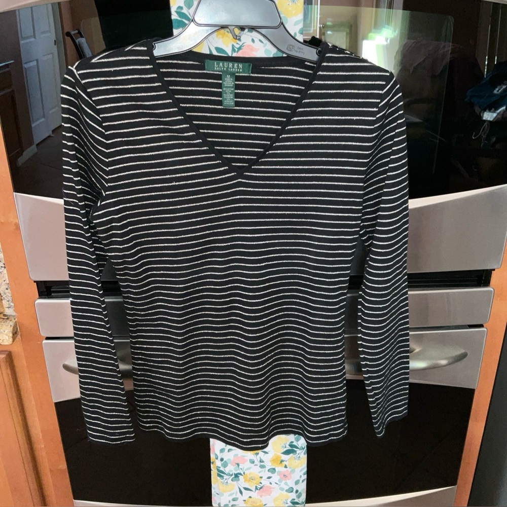 Lauren Ralph Lauren black, silver metallic Stripe pullover top Size Medium EUC